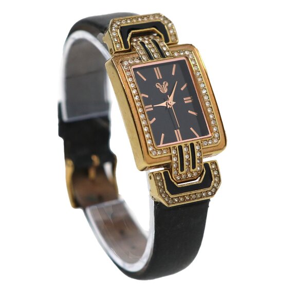 Disney Parks Mickey Mouse Analog Watch Art Deco Gold Black Leather Rhinestones - Picture 1 of 14